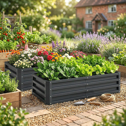 Set of 2 Raised Beds for Garden, Galvanised Outdoor Planters for Herbs Vegetable