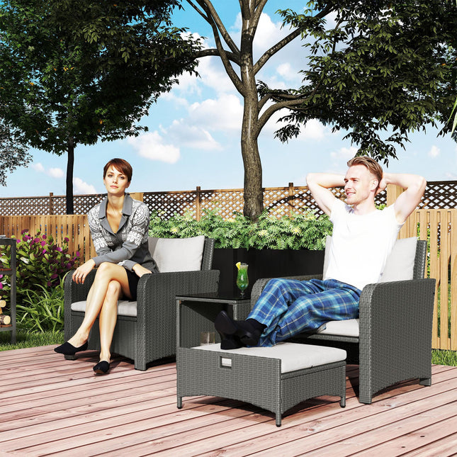 Five Piece Rattan Garden Furniture Set with 2-Tier Coffee Table and Ottomans - Cream White