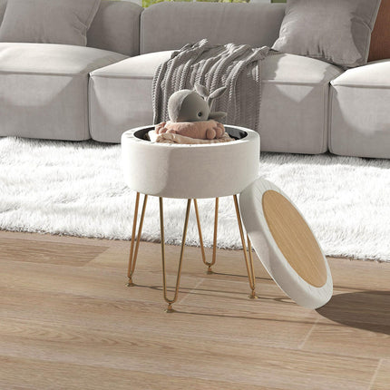 5L Velvet-Feel Storage Ottoman with Gold Legs - Cream White