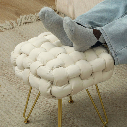 Velvet-Feel Bold Woven Footstool - Cream White