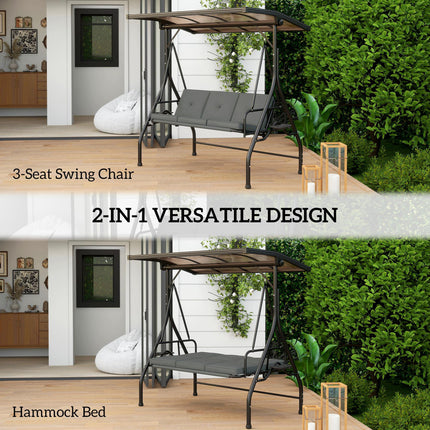 Convertible Three-Seater Swing Bench with Adjustable Canopy and Cup Trays - Dark Grey