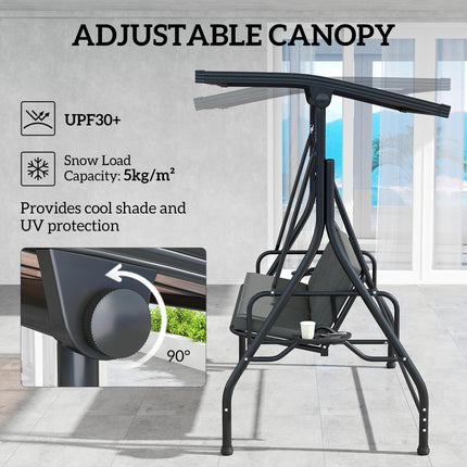 Convertible Three-Seater Swing Bench with Adjustable Canopy and Cup Trays - Dark Grey