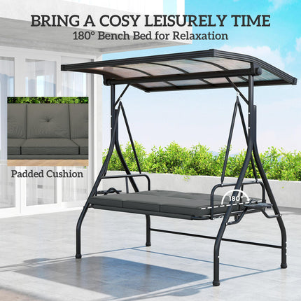 Convertible Three-Seater Swing Bench with Adjustable Canopy and Cup Trays - Dark Grey