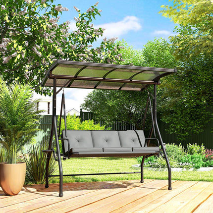 Convertible Three-Seater Swing Bench with Adjustable Canopy and Cup Trays - Dark Grey