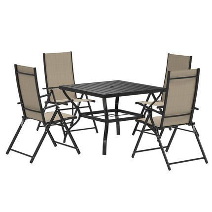 5 Piece Steel Frame Patio Dining Set with Folding Chairs - Khaki Black