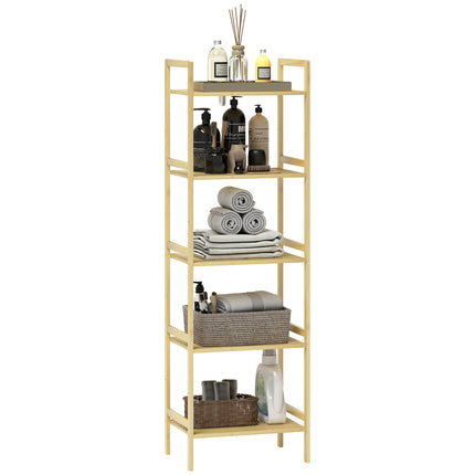 5-Tier Bamboo Bathroom Storage Shelf, Freestanding Shelving Unit with Adjustable