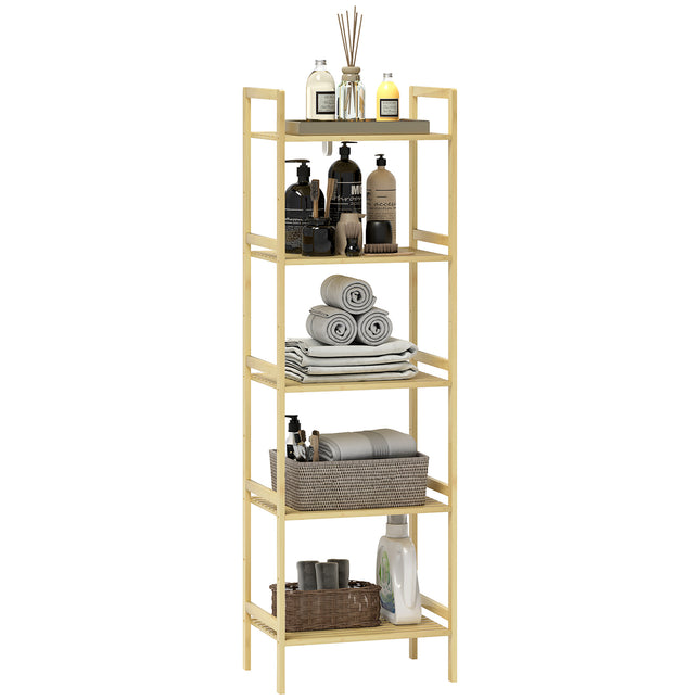 5-Tier Bamboo Bathroom Storage Shelf, Freestanding Shelving Unit with Adjustable