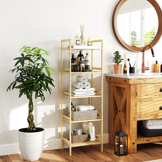 5-Tier Bamboo Bathroom Storage Shelf, Freestanding Shelving Unit with Adjustable