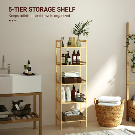 5-Tier Bamboo Bathroom Storage Shelf, Freestanding Shelving Unit with Adjustable