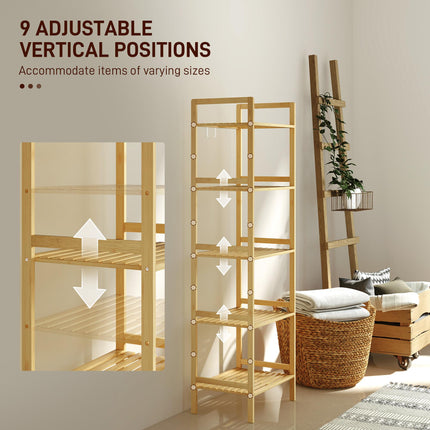 5-Tier Bamboo Bathroom Storage Shelf, Freestanding Shelving Unit with Adjustable