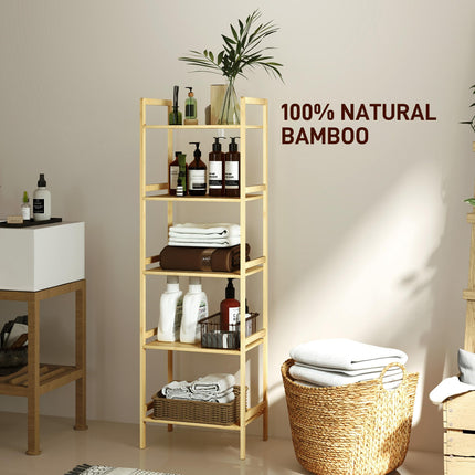 5-Tier Bamboo Bathroom Storage Shelf, Freestanding Shelving Unit with Adjustable