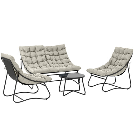4 Seater Garden Furniture Conversation Set with Loveseat, Chairs & Glass Coffee Table - Light Grey