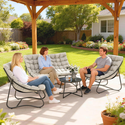 4 Seater Garden Furniture Conversation Set with Loveseat, Chairs & Glass Coffee Table - Light Grey