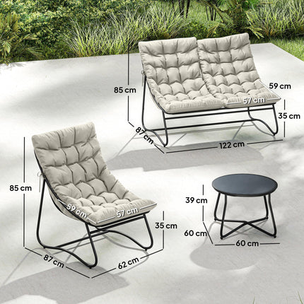 4 Seater Garden Furniture Conversation Set with Loveseat, Chairs & Glass Coffee Table - Light Grey