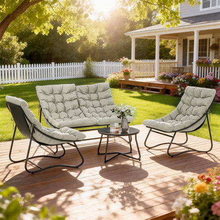 4 Seater Garden Furniture Conversation Set with Loveseat, Chairs & Glass Coffee Table - Light Grey