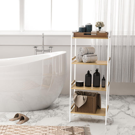Four-Tier Adjustable Bamboo Shelf Storage Unit - Natural and White