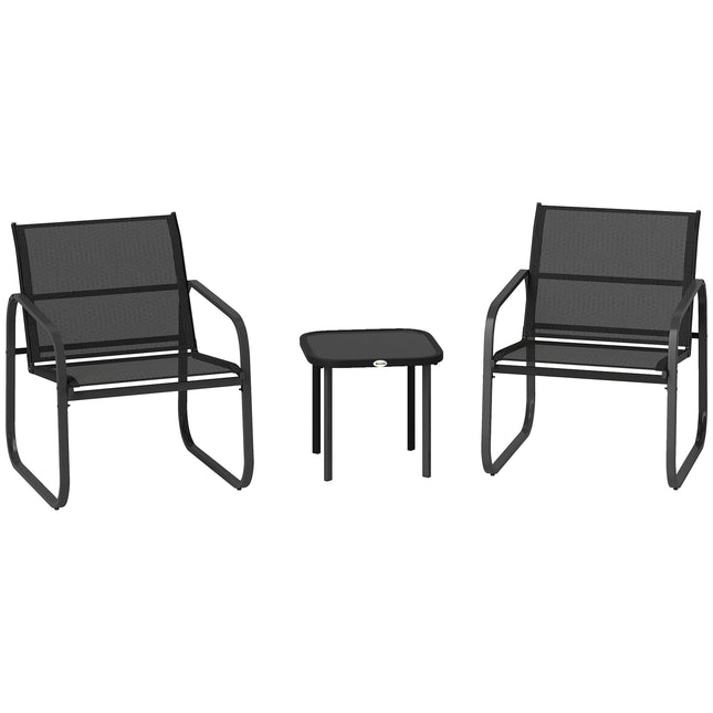 3 Piece Powder Coated Steel Garden Seating Set with Glass Table - Black