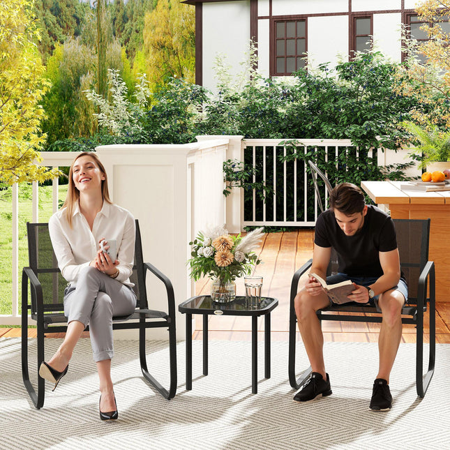 3 Piece Powder Coated Steel Garden Seating Set with Glass Table - Black