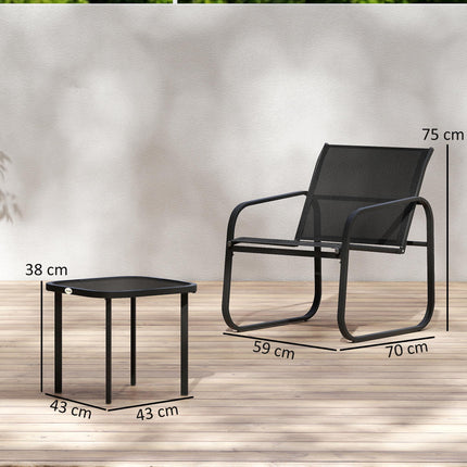 3 Piece Powder Coated Steel Garden Seating Set with Glass Table - Black
