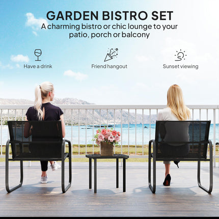 3 Piece Powder Coated Steel Garden Seating Set with Glass Table - Black
