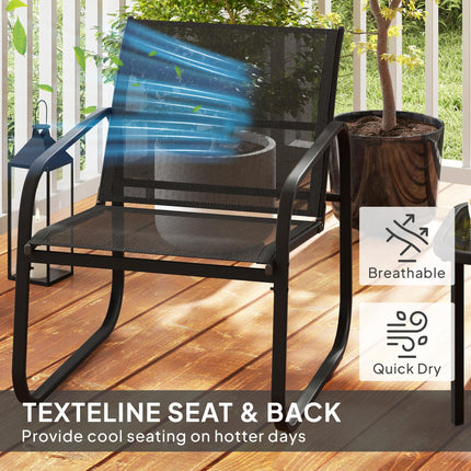 3 Piece Powder Coated Steel Garden Seating Set with Glass Table - Black