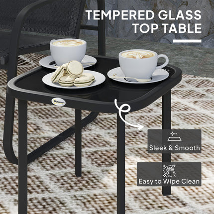 3 Piece Powder Coated Steel Garden Seating Set with Glass Table - Black