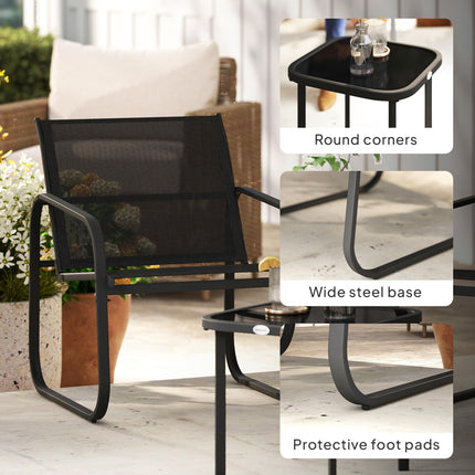 3 Piece Powder Coated Steel Garden Seating Set with Glass Table - Black