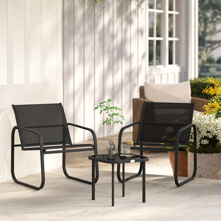 3 Piece Powder Coated Steel Garden Seating Set with Glass Table - Black