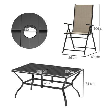 Seven-Piece Steel Outdoor Dining Set, with Parasol Hole - Khaki