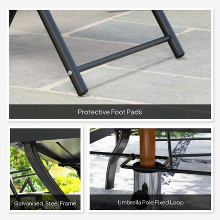 Seven-Piece Steel Outdoor Dining Set, with Parasol Hole - Khaki