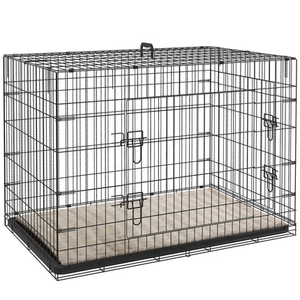 Foldable Extra Large Dog Crate with 2 Doors, Tray & Cushion 105x70x75cm - Black