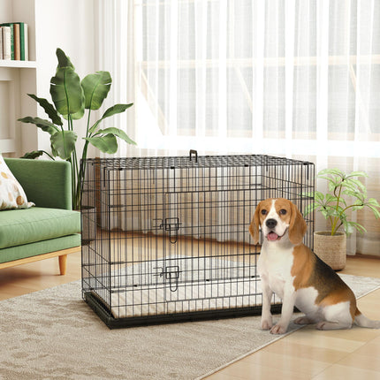 Foldable Extra Large Dog Crate with 2 Doors, Tray & Cushion 105x70x75cm - Black