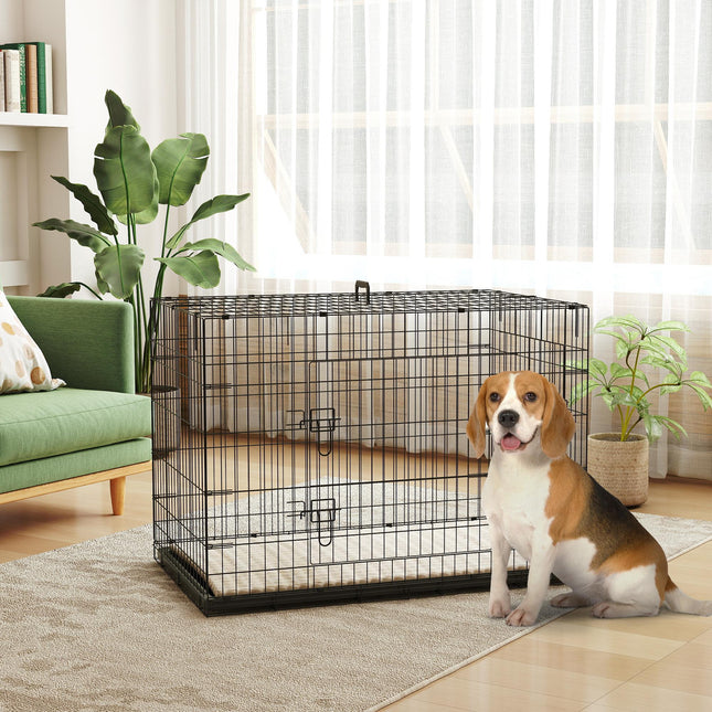 Foldable Extra Large Dog Crate with 2 Doors, Tray & Cushion 105x70x75cm - Black