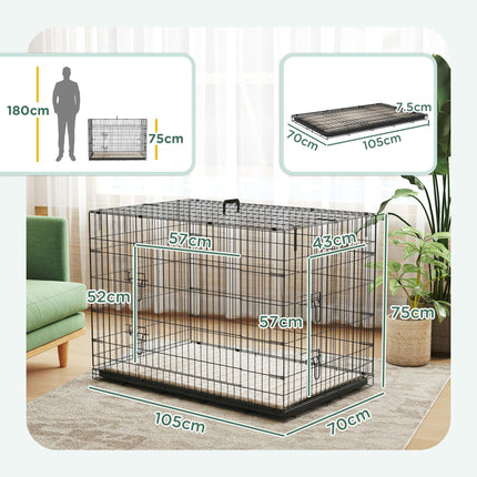 Foldable Extra Large Dog Crate with 2 Doors, Tray & Cushion 105x70x75cm - Black