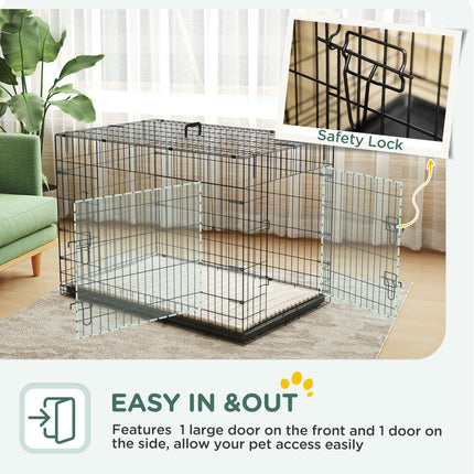 Foldable Extra Large Dog Crate with 2 Doors, Tray & Cushion 105x70x75cm - Black