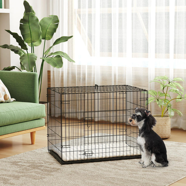 Foldable Small Dog Crate with 2 Doors, Tray & Cushion, 76x53x60 cm - Black