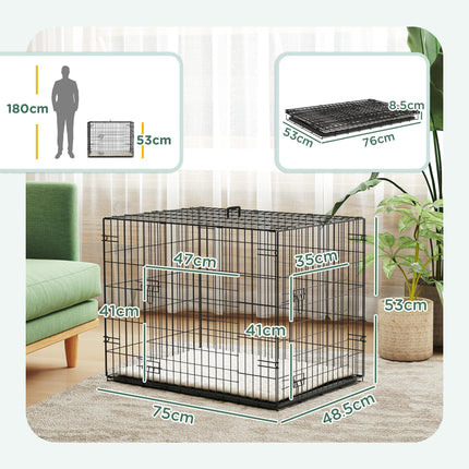 Foldable Small Dog Crate with 2 Doors, Tray & Cushion, 76x53x60 cm - Black