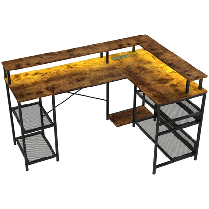 L Shaped 150cm Gaming Desk with LED Lights, Power Outlets, Monitor Stand & Storage Shelves - Rustic Brown