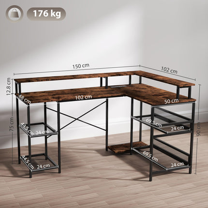 L Shaped 150cm Gaming Desk with LED Lights, Power Outlets, Monitor Stand & Storage Shelves - Rustic Brown
