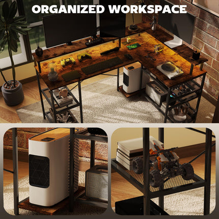 L Shaped 150cm Gaming Desk with LED Lights, Power Outlets, Monitor Stand & Storage Shelves - Rustic Brown
