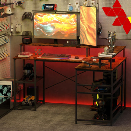 L Shaped 150cm Gaming Desk with LED Lights, Power Outlets, Monitor Stand & Storage Shelves - Rustic Brown