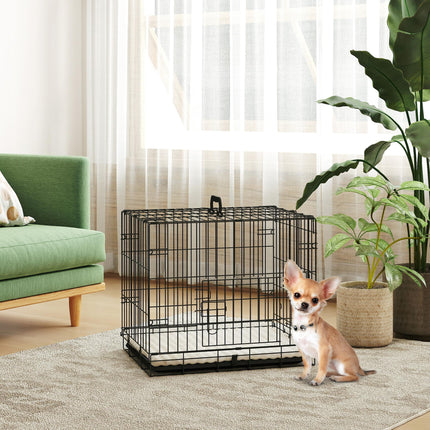 Foldable Dog Crate for Extra Small Dogs with Two Doors, Tray & Cushion - Black