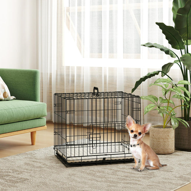 Foldable Dog Crate for Extra Small Dogs with Two Doors, Tray & Cushion - Black
