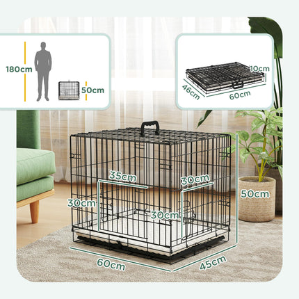Foldable Dog Crate for Extra Small Dogs with Two Doors, Tray & Cushion - Black