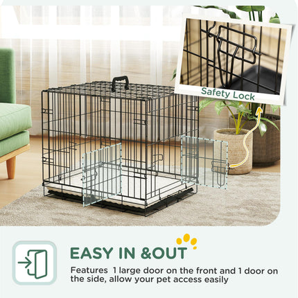 Foldable Dog Crate for Extra Small Dogs with Two Doors, Tray & Cushion - Black