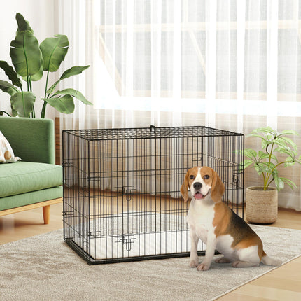 Foldable Dog Crate for Large Medium Dogs with 2 Doors, Tray & Cushion - Black