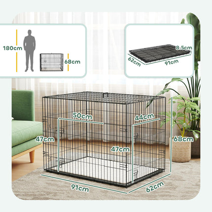 Foldable Dog Crate for Large Medium Dogs with 2 Doors, Tray & Cushion - Black