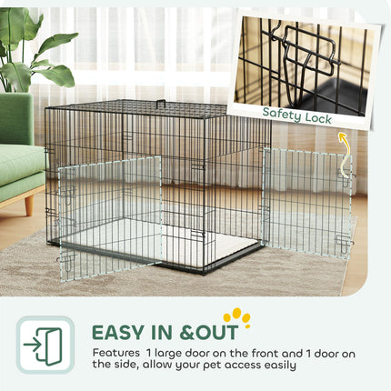 Foldable Dog Crate for Large Medium Dogs with 2 Doors, Tray & Cushion - Black