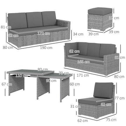 Seven-Piece Rattan Garden Sofa Set with Expanding Table - Light Grey