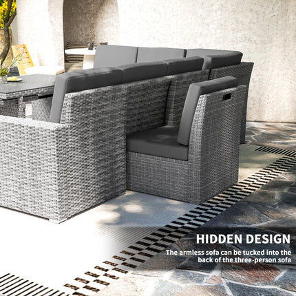 Seven-Piece Rattan Garden Sofa Set with Expanding Table - Light Grey